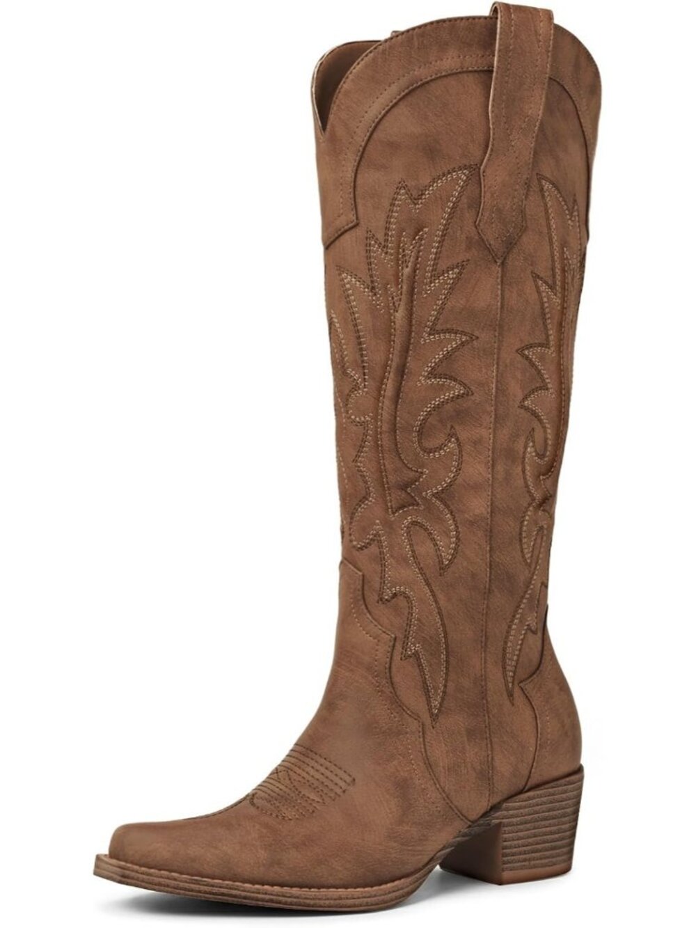 Women's Brown Knee High Cowboy Boots Pointed Toe Embroidered Fall Western Boots